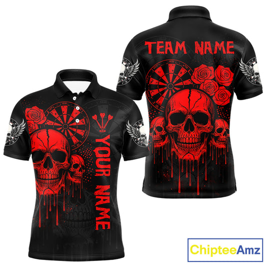 Red Dripping Skulls & Darts Men's Grunge Darts Shirt - Custom Name For Players NYN0510