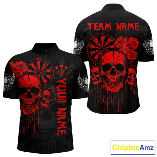 Red Dripping Skulls & Darts Men's Grunge Darts Shirt - Custom Name For Players NYN0510