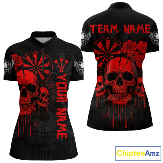 Red Dripping Skulls & Darts Women's Grunge Darts Shirt - Custom Name For Players NYN0510