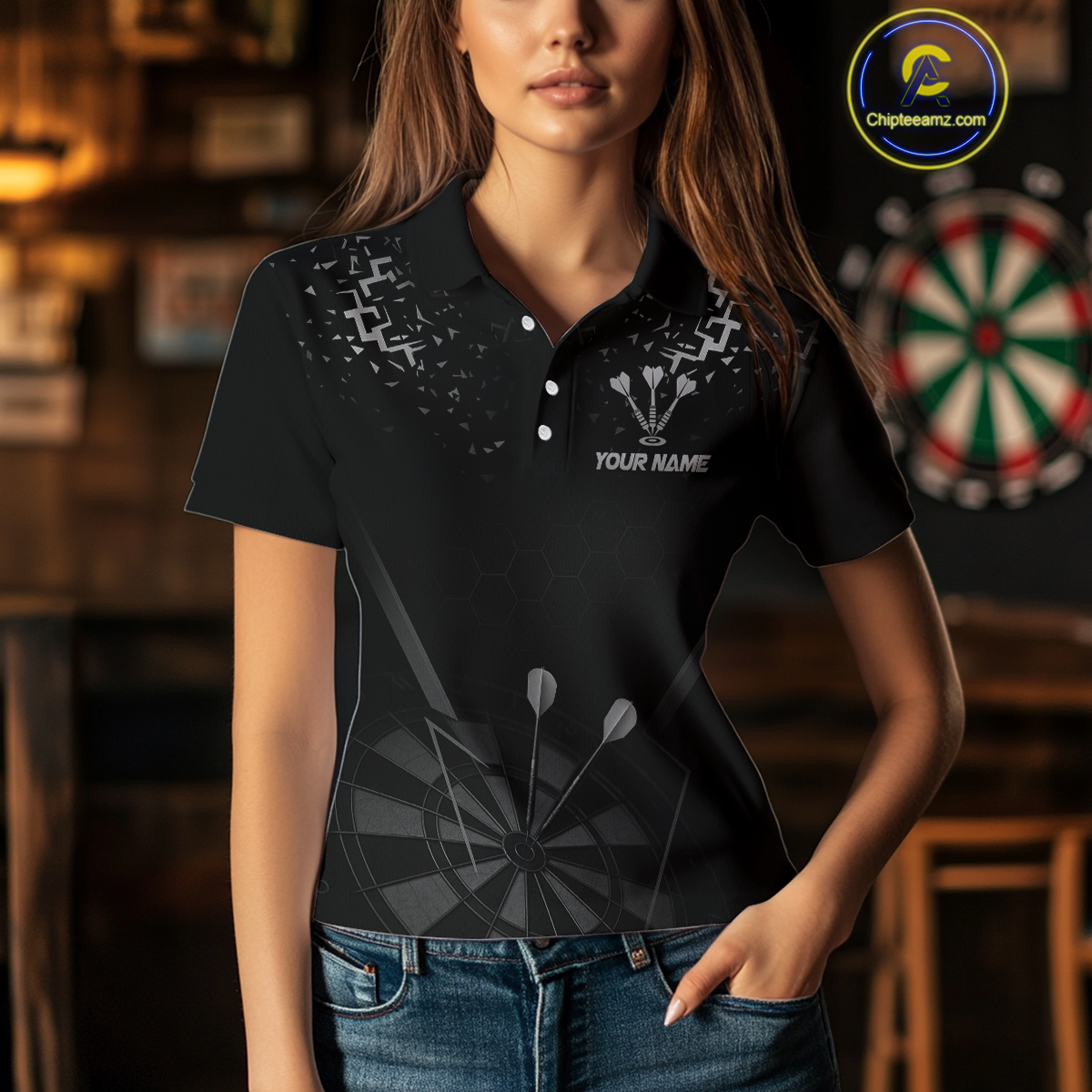 Personalized Dart Shirt For Women With Black Dartboard And Silver Darts Arrows NYN0281
