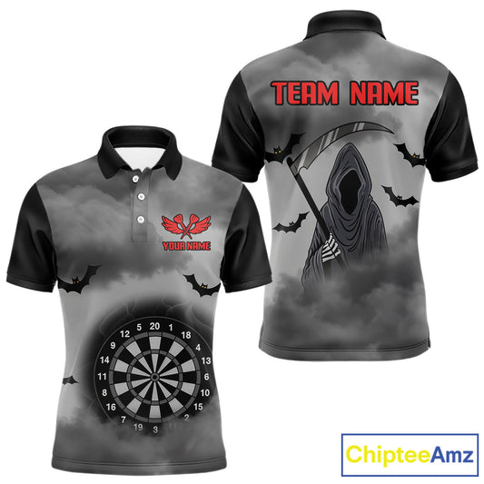 Grim Reaper With Grey Smoke Black Dartboard Darts Shirt For Men - Custom Darts Jersey NYN0535
