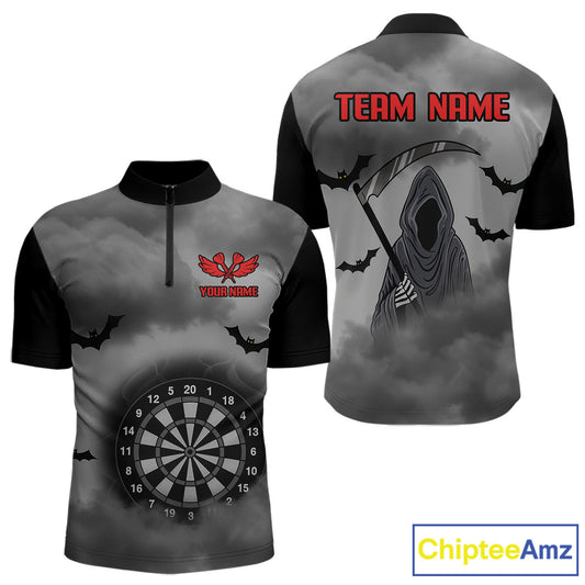 Grim Reaper With Grey Smoke Black Dartboard Darts Shirt For Men - Custom Darts Jersey NYN0535