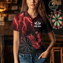 Load image into Gallery viewer, Custom Women&#39;s Polo Darts Shirt With Maroon Lightning &amp; Glowing Butterfly, Darts Jersey NYN1019