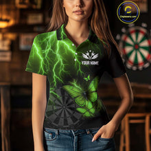 Load image into Gallery viewer, Custom Women&#39;s Polo Darts Shirt With Emerald Lightning &amp; Glowing Butterfly, Darts Jersey NYN1021