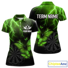 Load image into Gallery viewer, Custom Women&#39;s Polo Darts Shirt With Emerald Lightning &amp; Glowing Butterfly, Darts Jersey NYN1021