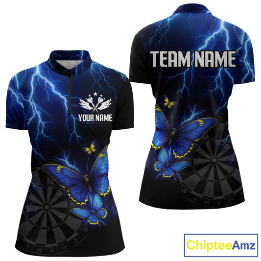 Custom Women's 1/4-Zip Darts Shirt With Navy Lightning & Glowing Butterfly, Darts Jersey NYN1018