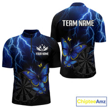 Load image into Gallery viewer, Custom Men 1/4-Zip Darts Shirt With Navy Lightning &amp; Glowing Butterfly, Darts Jersey NYN1018