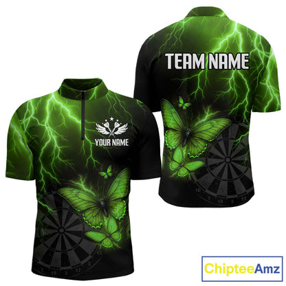 Custom Men 1/4-Zip Darts Shirt With Emerald Lightning & Glowing Butterfly, Darts Jersey NYN1021