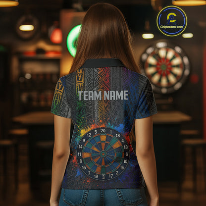 Custom Women's Darts Shirt With Splashed Art Dartboard And Multi Color Pattern NYN0292