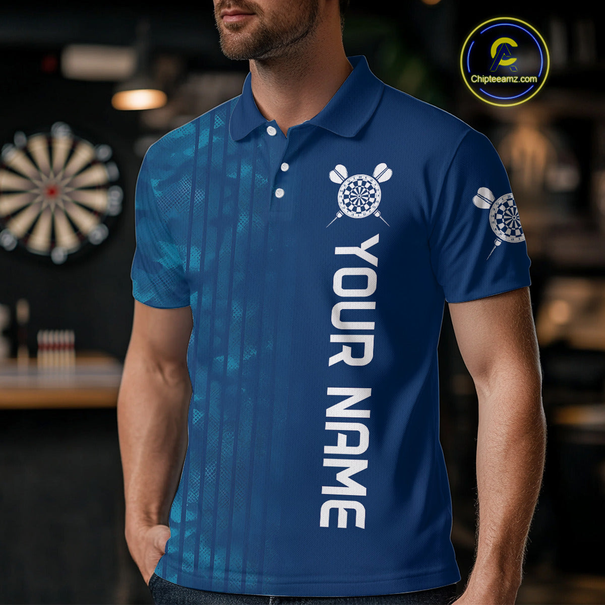Men’s Darts Team Shirt - Navy Camo Pattern And Dartboard | Custom Name Option NYN0317