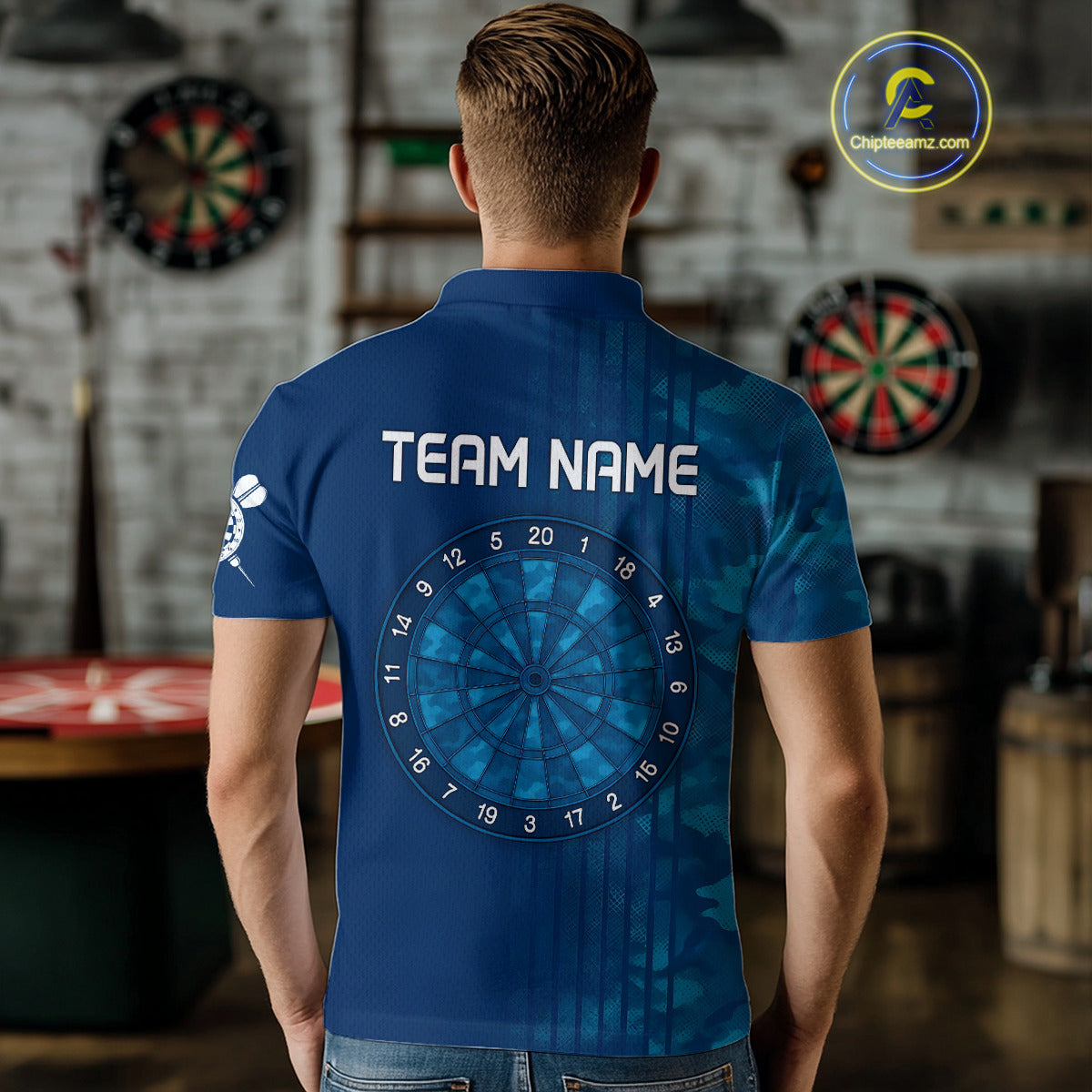 Men’s Darts Team Shirt - Navy Camo Pattern And Dartboard | Custom Name Option NYN0317