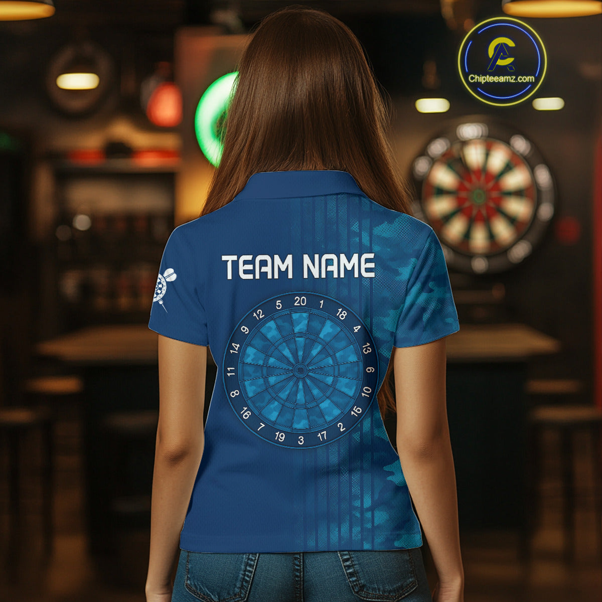 Women’s Darts Team Shirt - Navy Camo Pattern And Dartboard | Custom Name Option NYN0317