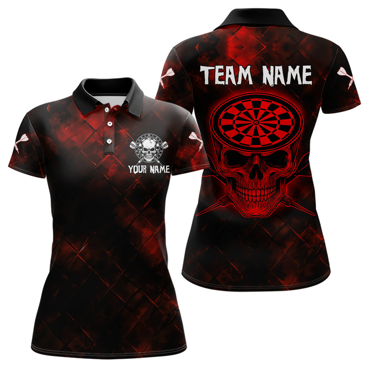 Women's Custom Darts Team Shirt - Skull & Dartboard Graphic With Grunge Red Pattern NYN0320