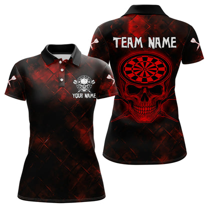 Women's Custom Darts Team Shirt - Skull & Dartboard Graphic With Grunge Red Pattern NYN0320