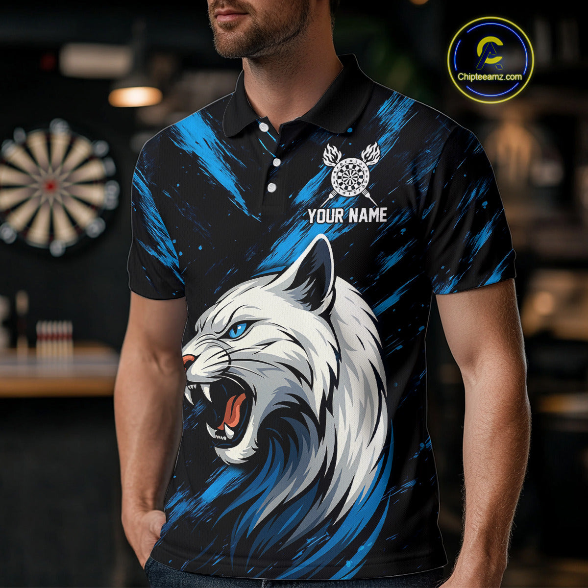 Men's Custom Darts Shirt - Ivory Panther With Dartboard & Blue Grunge Pattern NYN0331