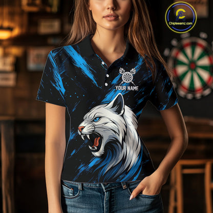 Women's Custom Darts Shirt - Ivory Panther With Dartboard & Blue Grunge Pattern NYN0331