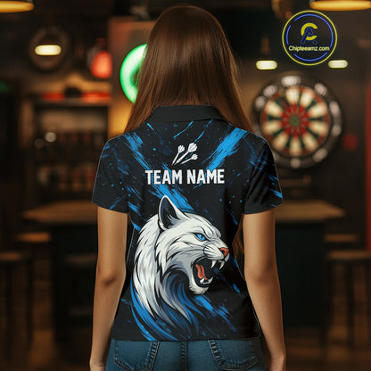 Women's Custom Darts Shirt - Ivory Panther With Dartboard & Blue Grunge Pattern NYN0331
