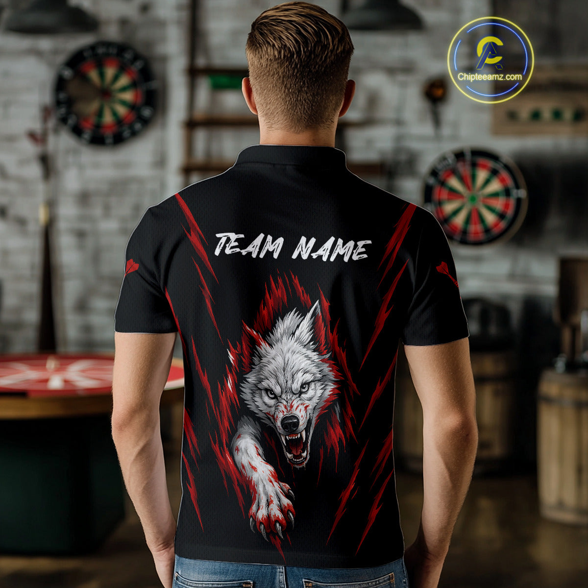 Custom Men's Dart Team Shirt -  Pearl Wolf Clawing - Personalized Team Name & Player NYN0335