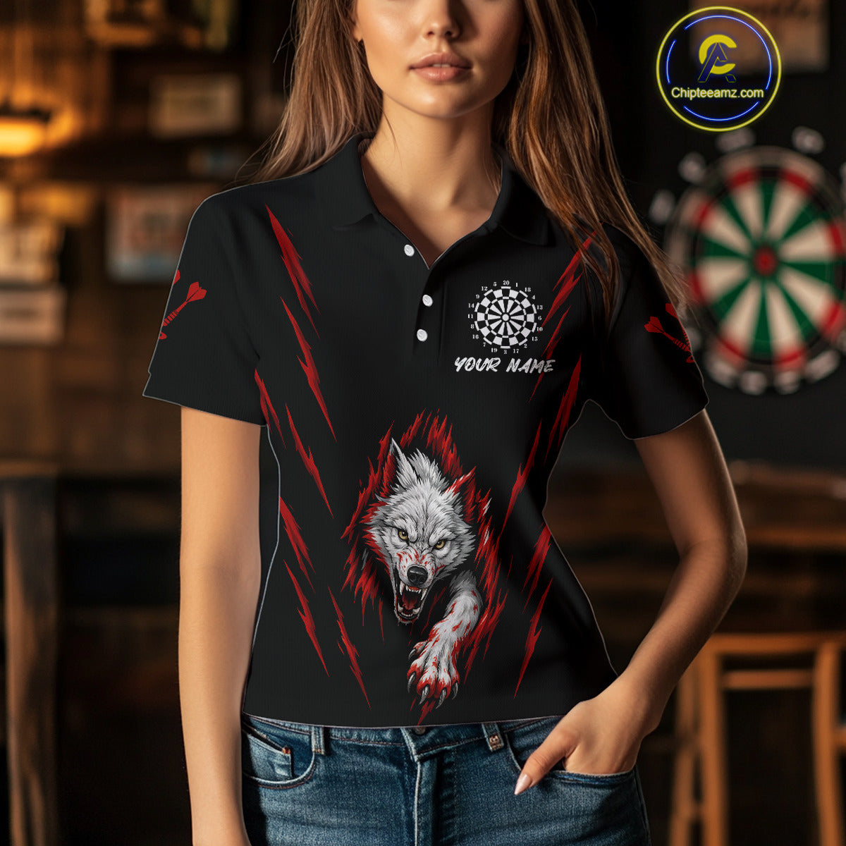 Custom Women's Dart Team Shirt -  Pearl Wolf Clawing - Personalized Team Name & Player NYN0335