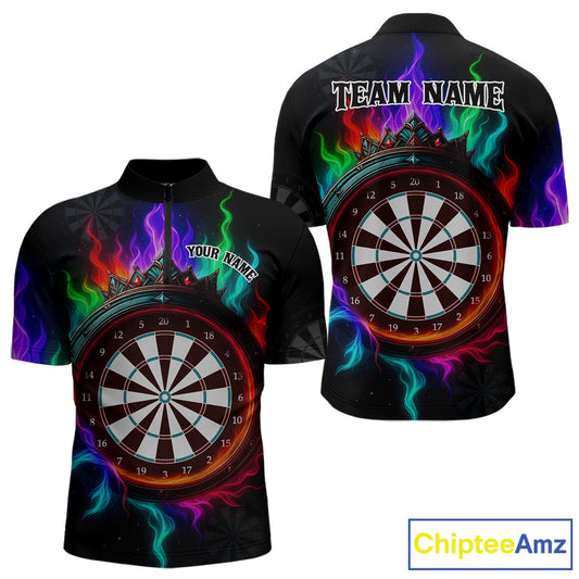 Multicolor Flaming & Red Dartboard Darts Shirt For Men - Custom Name & Team Jersey NYN0620