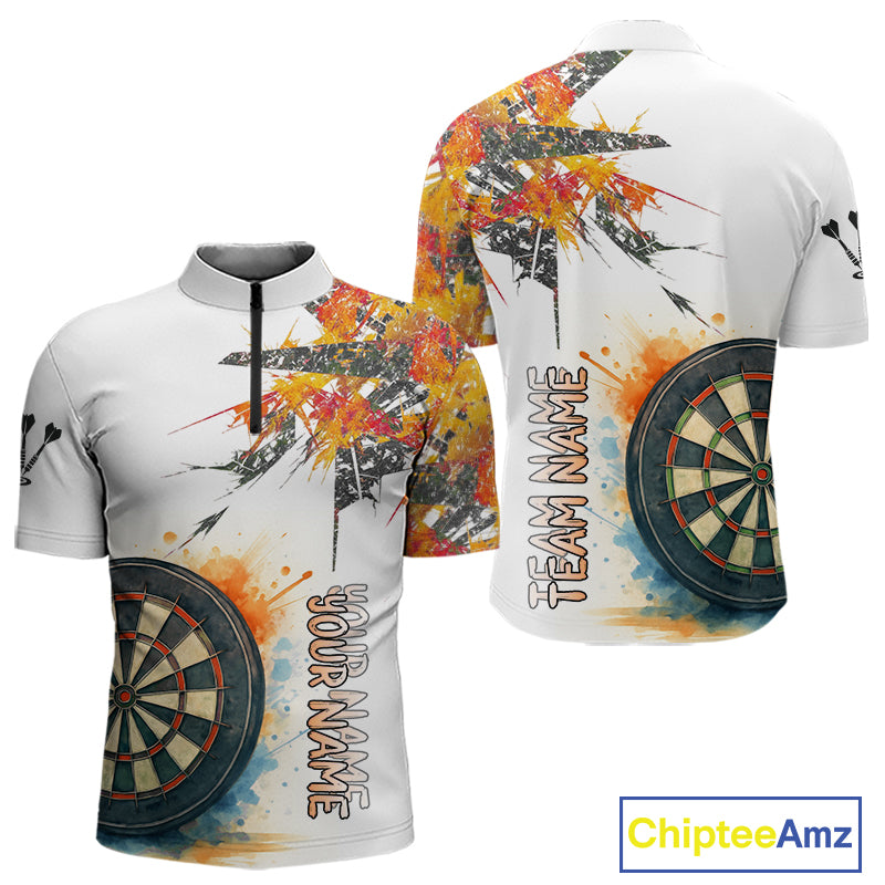 Custom Grey And Yellow Splashed Dartboard Darts 1/4-Zip Shirt For Men Darts Team Jerseys NYN0948