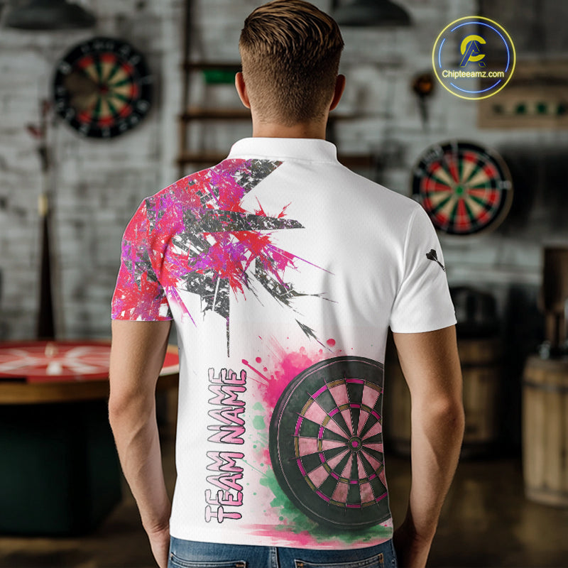 Custom Grey And Pink Splashed Dartboard Darts Polo Shirt For Men Darts Team Jerseys NYN0949
