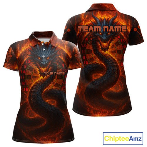 Personalized Red Flames Dragon Dartboard Darts Polo Jerseys For Women, Dart Team Jerseys NYN0963