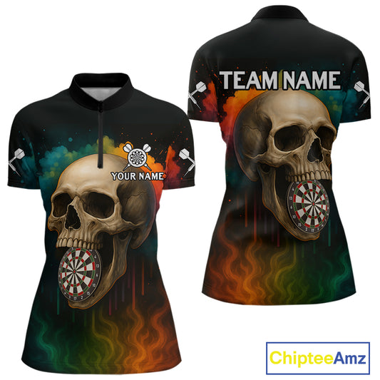 Custom Multi-Color Skull Dartboard 1/4-Zip Dart Shirt For Women Colorful Skull Dart Jerseys NYN1324