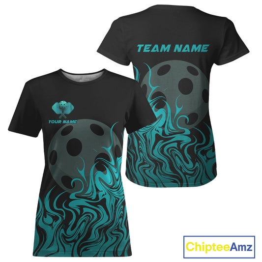 Custom Black & Turquoise Swirl Pickleball Ball T-Shirt For Women Paddles Pickleball Jersey NYN1343