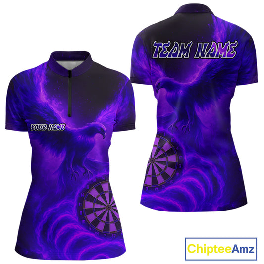 Women's Darts 1/4-Zip Shirt Personalized Flaming Phoenix Dartboard Darts Jersey | Purple NYN1026