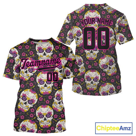 Custom Black And Pink Skull Halloween Baseball Jersey For Men Creepy Baseball Jersey  NYN1286