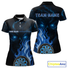 Load image into Gallery viewer, Custom Black And Blue Flames Skull Dartboard Polo Dart Shirt For Women Outfit Dart Team Jerseys NYN0925