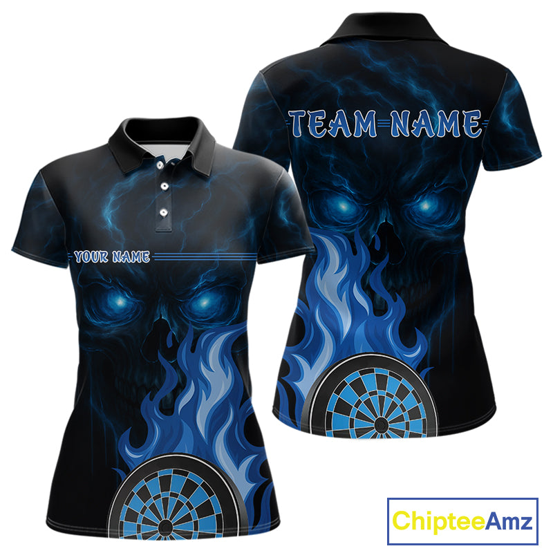 Custom Black And Blue Flames Skull Dartboard Polo Dart Shirt For Women Outfit Dart Team Jerseys NYN0925