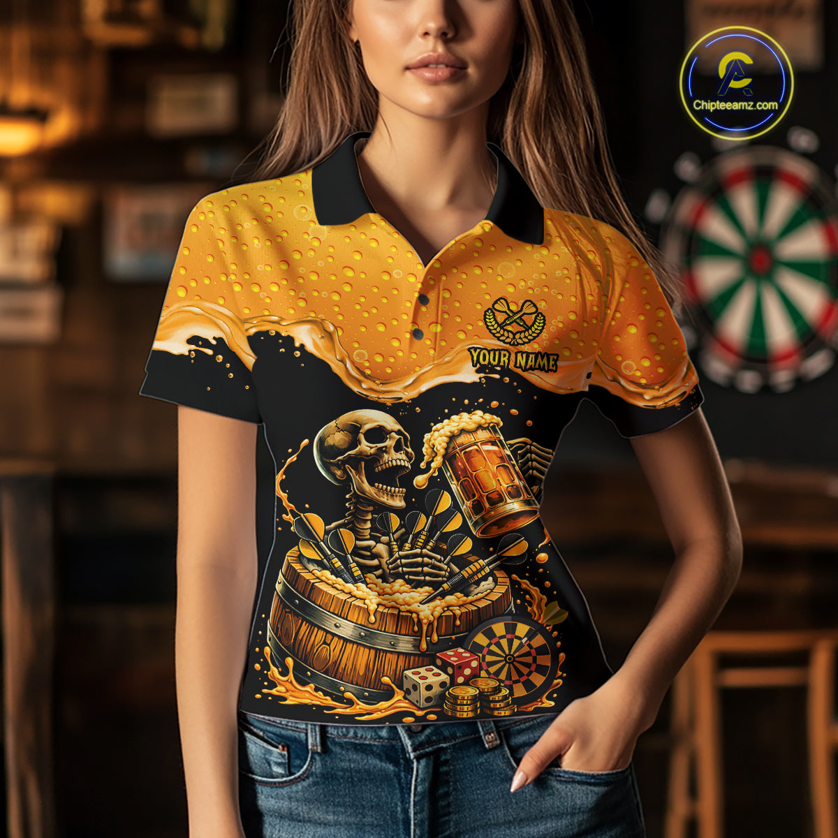 Custom Funny Skeleton Play Dart And Beer Dartboard Women Polo Shirt Personalized Dart Team Jerseys NYN2773
