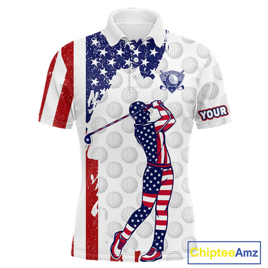 Custom Patriotic Golf Polo Shirts, Grunge US Flag Golf Ball White Men Best Golf Clothing Shirts NYN2991