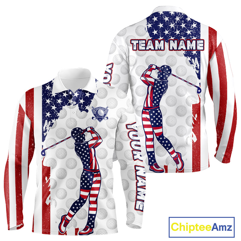 Custom Patriotic Golf Polo Shirts, Grunge US Flag Golf Ball White Men Best Golf Clothing Shirts NYN2991