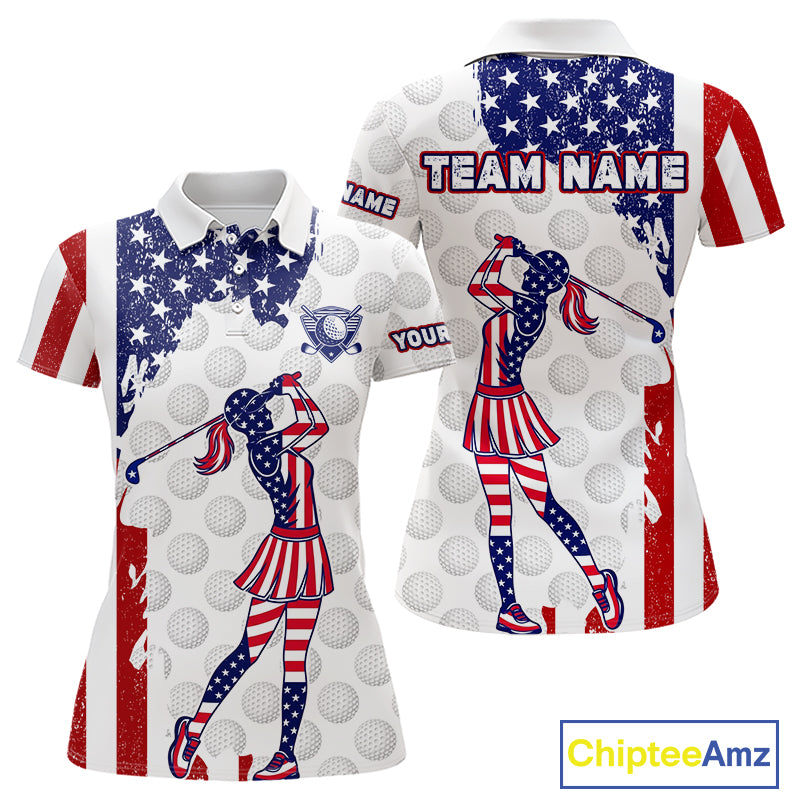 Custom Patriotic Golf Polo Shirts, Grunge US Flag Golf Ball White Women Best Golf Clothing Shirts NYN2991