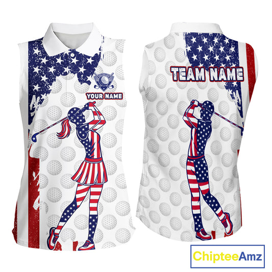 Custom Patriotic Golf Sleeveless Polo Shirts, Grunge US Flag Golf Ball White Women Best Golf Clothing Shirts NYN2991