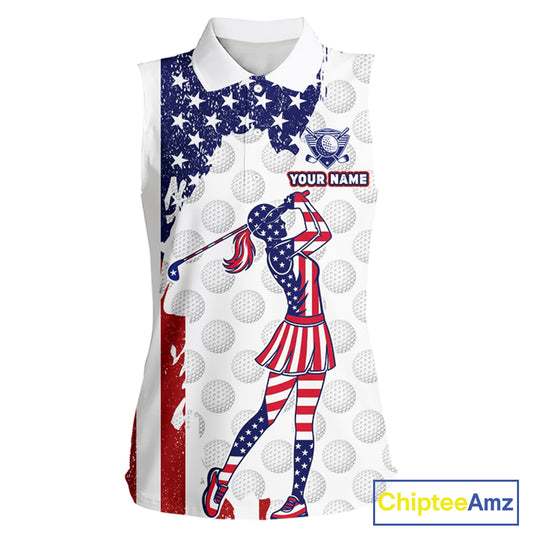 Custom Patriotic Golf Sleeveless Polo Shirts, Grunge US Flag Golf Ball White Women Best Golf Clothing Shirts NYN2991