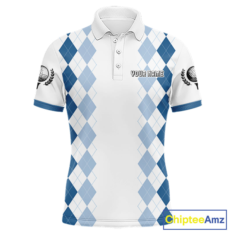 Mens Argyle Pattern Golf Polo Shirts, Blue Argyle Golf Attire Custom Golf Clubs Pattern Upf Shirts NYN2999