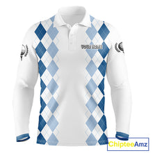 Load image into Gallery viewer, Mens Argyle Pattern Golf Polo Shirts, Blue Argyle Golf Attire Custom Golf Clubs Pattern Upf Shirts NYN2999