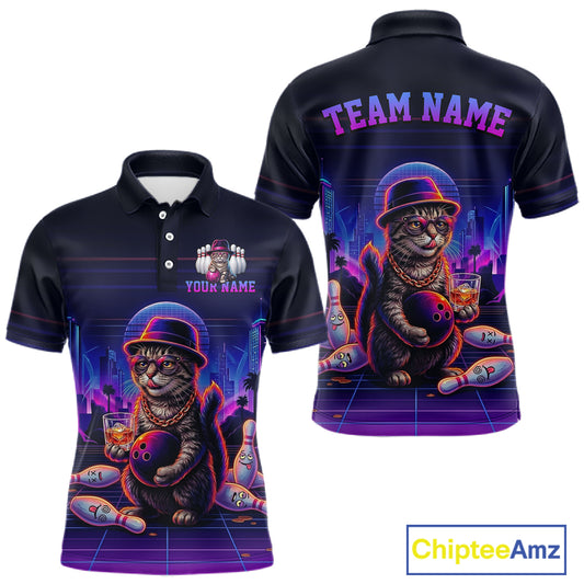 Whisky Cat Funny Bowling Shirt For Men Custom Neon Bowling Polo Quarter Zip Jersey
