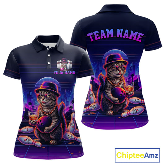 Whisky Cat Funny Bowling Shirt For Women Custom Neon Bowling Polo Quarter Zip Jersey