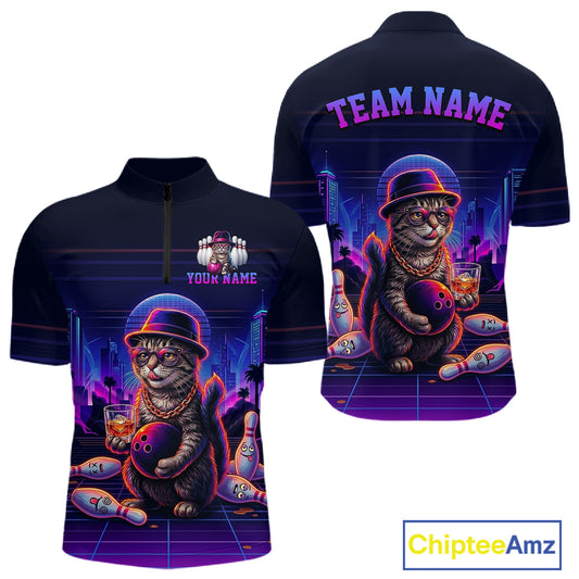 Whisky Cat Funny Bowling Shirt For Men Custom Neon Bowling Polo Quarter Zip Jersey
