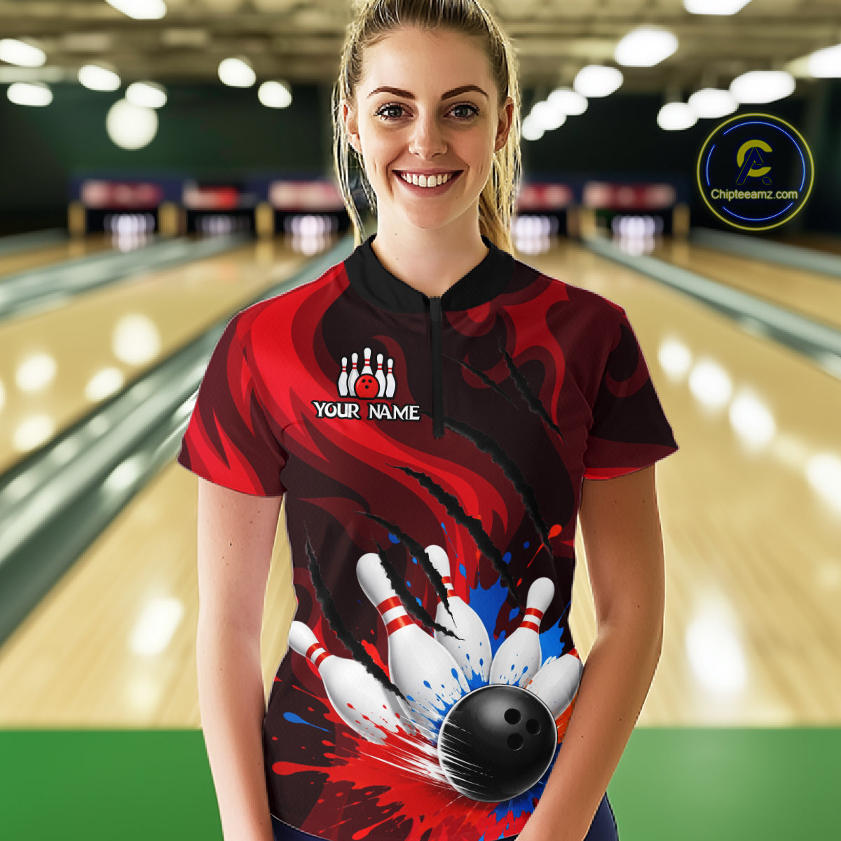 Custom Womens Bowling Colorful Splatter Pin & Ball Shirts, Black & Red Bowling Team Jerseys NYN3420