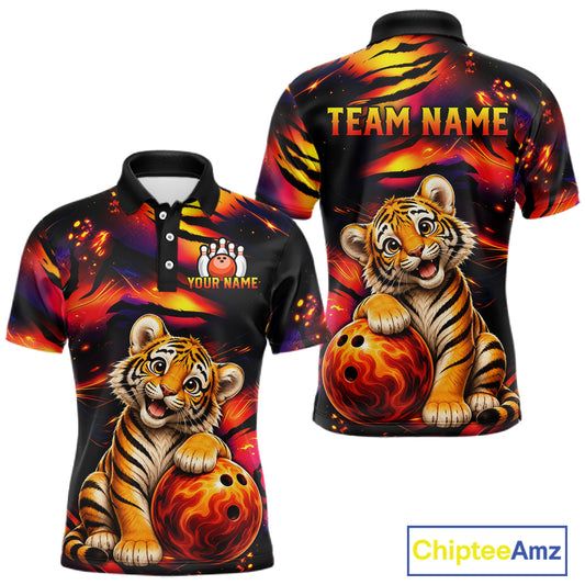 Men's bowling polo featuring fierce tiger with colorful claws and fire flames, personalized bowling tournament apparel for tiger lovers, martial artists, wildlife enthusiasts and competitive bowlers, symbolizing strength, courage, determination and fearless leadership.