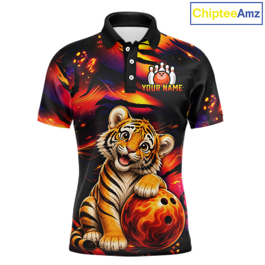Men's bowling polo featuring fierce tiger with colorful claws and fire flames, personalized bowling tournament apparel for tiger lovers, martial artists, wildlife enthusiasts and competitive bowlers, symbolizing strength, courage, determination and fearless leadership.