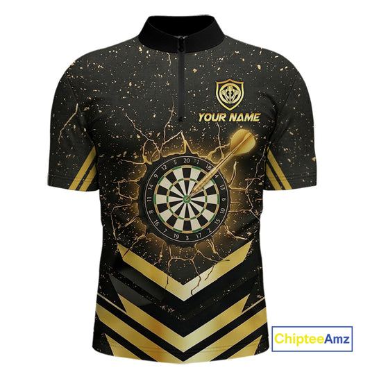 Black And Gold Dartboard Men Dart Polo & 1/4-Zip Shirt Custom Cracked Dart Jersey For Darters NYN3002