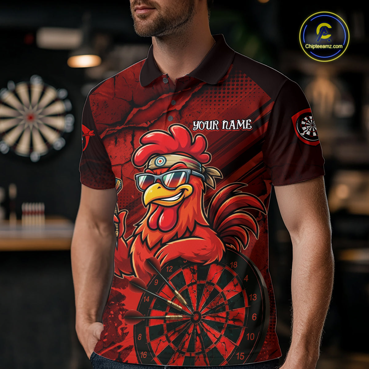Red Splatter Rooster Darts Polo & 1/4-Zip Shirt For Men Custom Funny Dart Jersey For Darters NYN3005