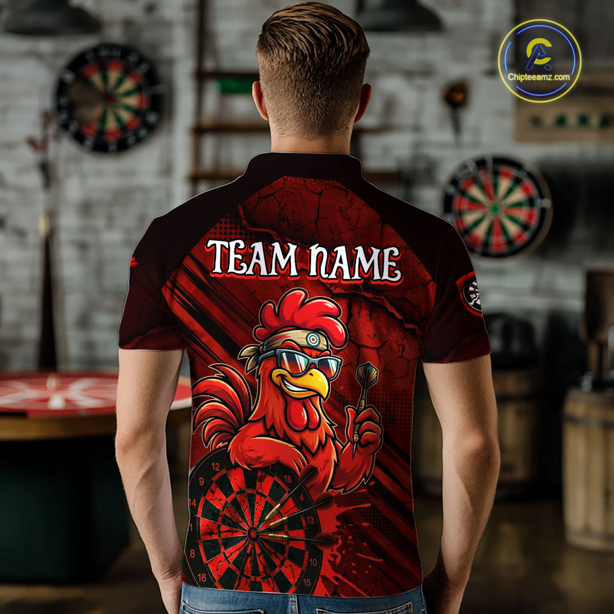Red Splatter Rooster Darts Polo & 1/4-Zip Shirt For Men Custom Funny Dart Jersey For Darters NYN3005